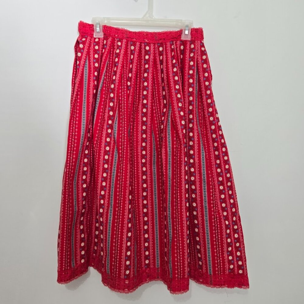 Handmade Womens Red Midi Skirt Pleated Sz M Christmas Holiday Lace Boho Festival